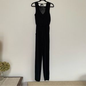 Bebe Fringe Stretchy Open Back Jumpsuit XS Black